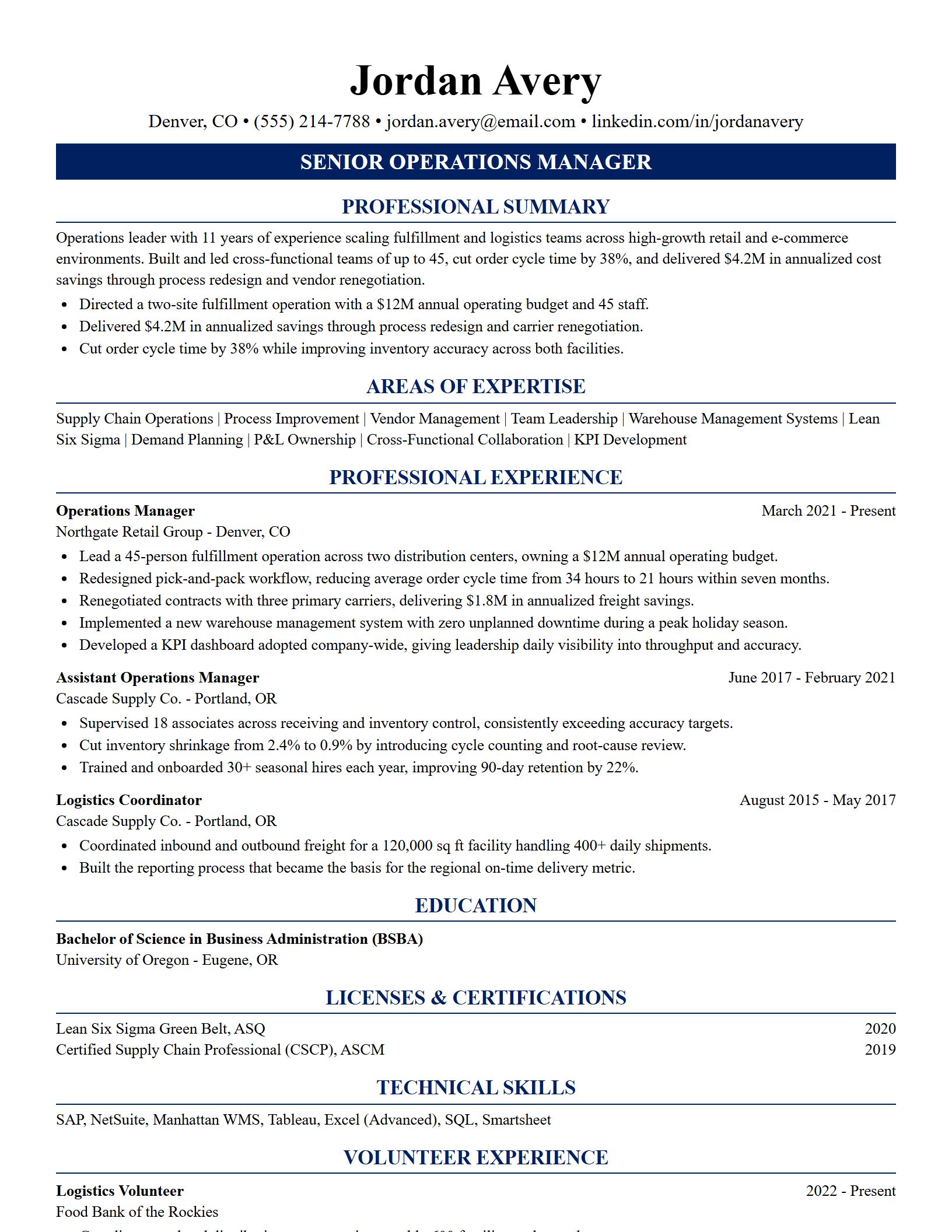 A ResumeFox resume in the Meridian template: single column, plain headings, no sidebar or photo