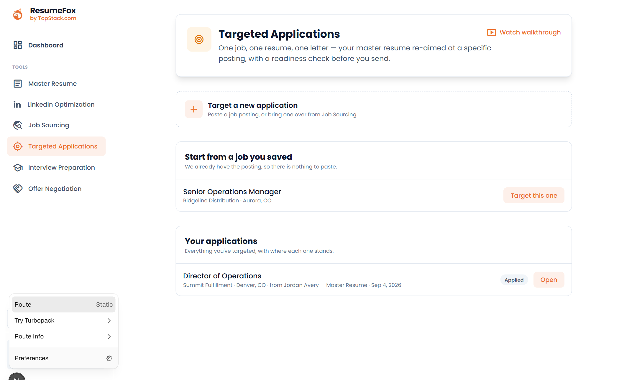 A targeted application showing the tailored resume and the summary of what changed